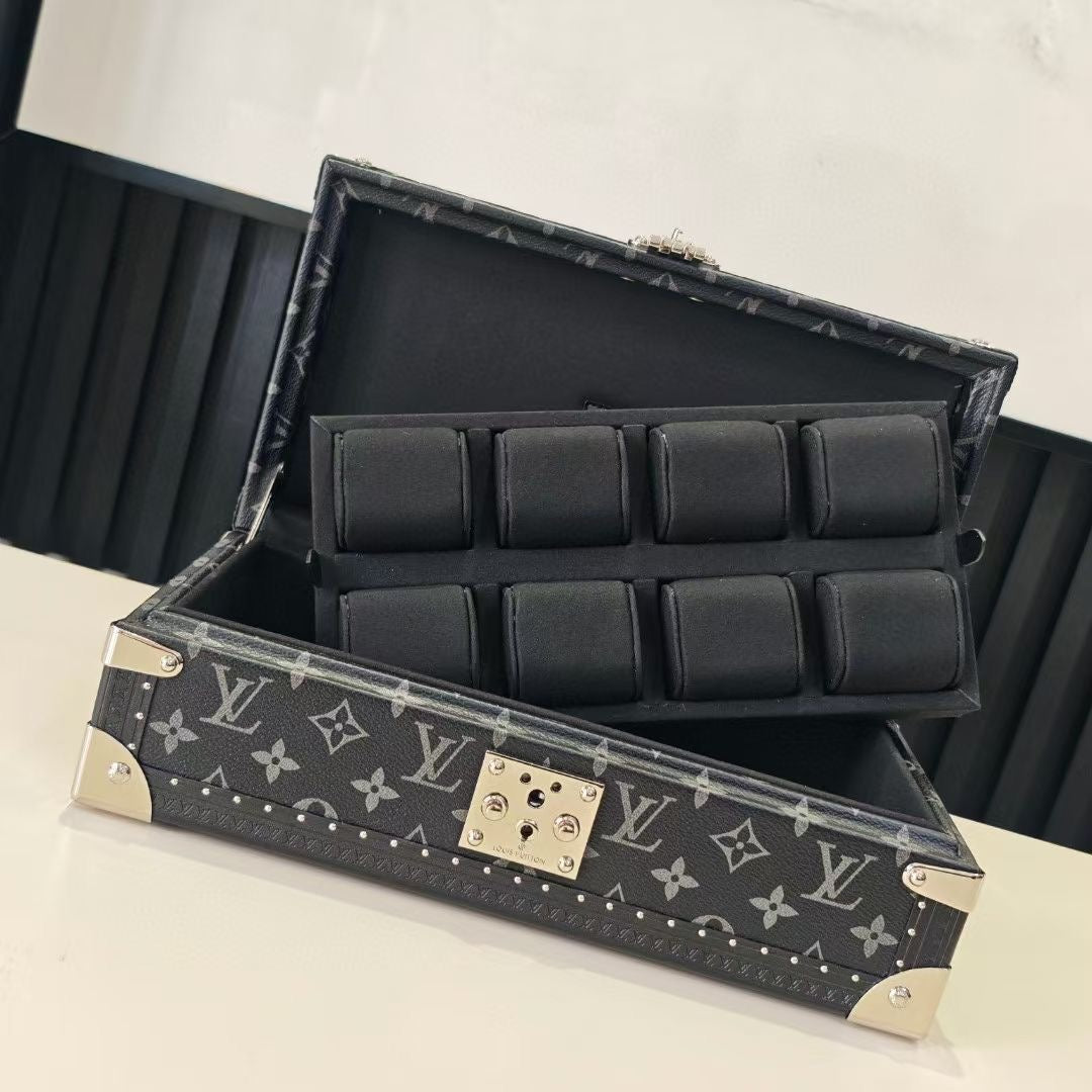 Louis Vuitton monogram storage trunk with open lid and black padded insert