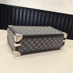 Checkered storage case with metal corner details and studded edge, front view