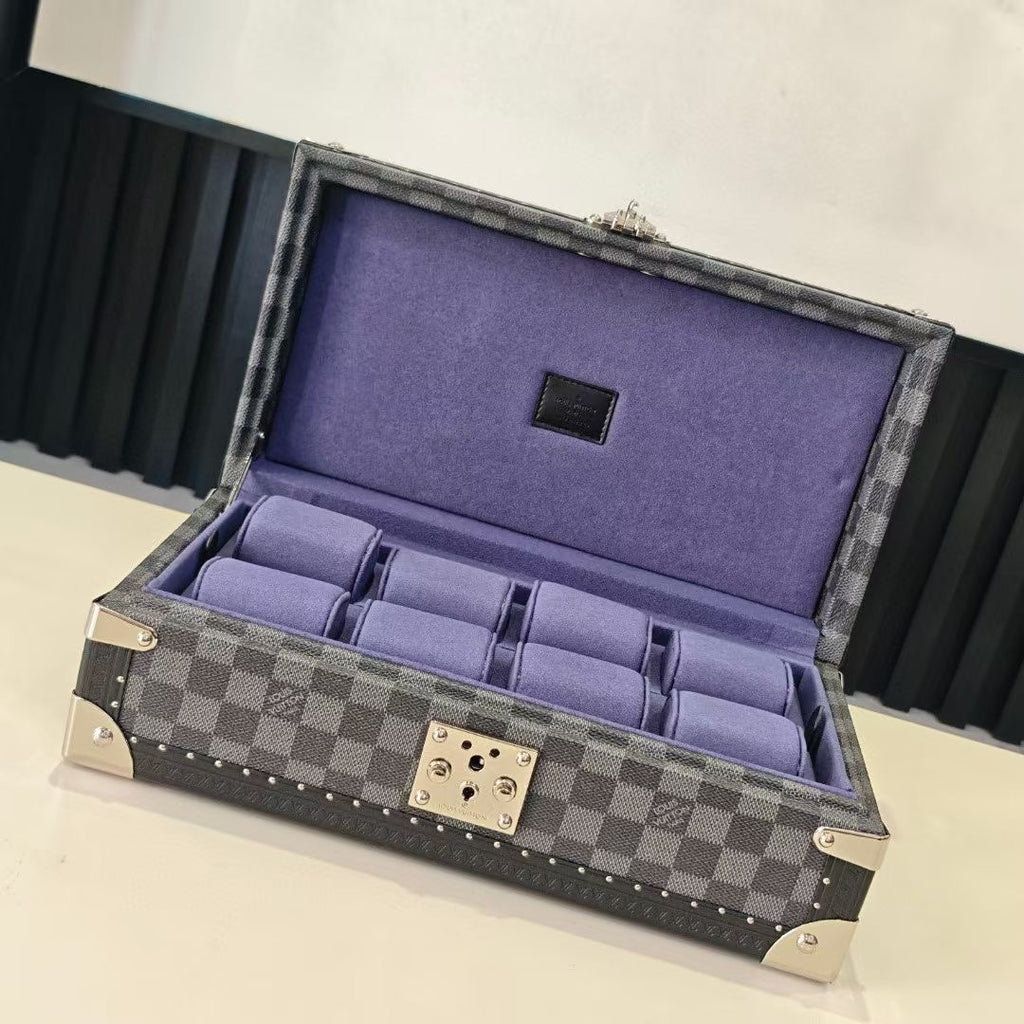 Louis Vuitton checkered storage case with purple velvet interior and open lid