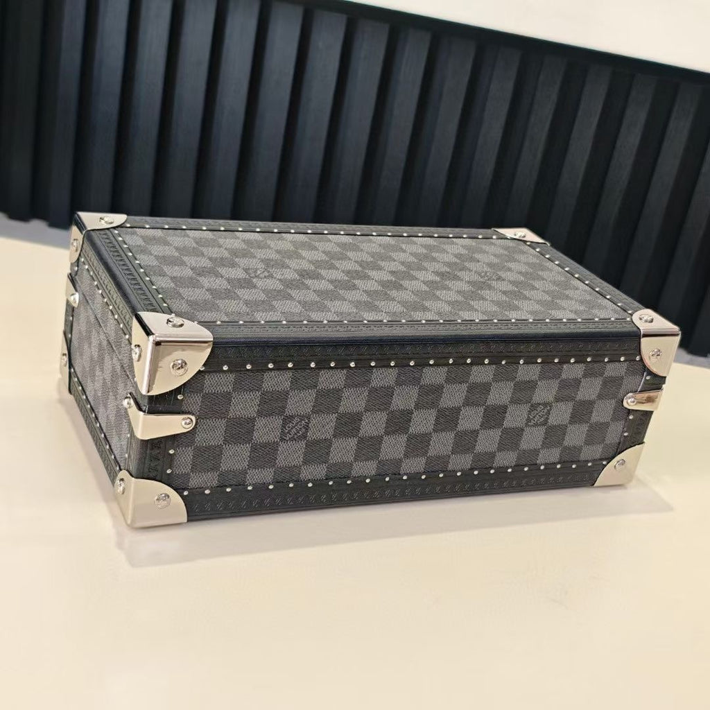 Louis Vuitton check-pattern trunk case with top panel and silver-tone corner brackets