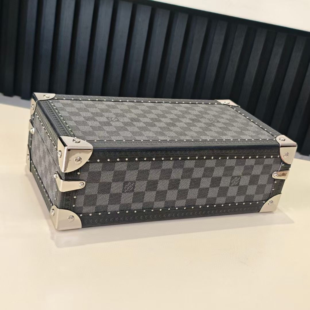 Louis Vuitton check-pattern trunk case with top panel and silver-tone corner brackets