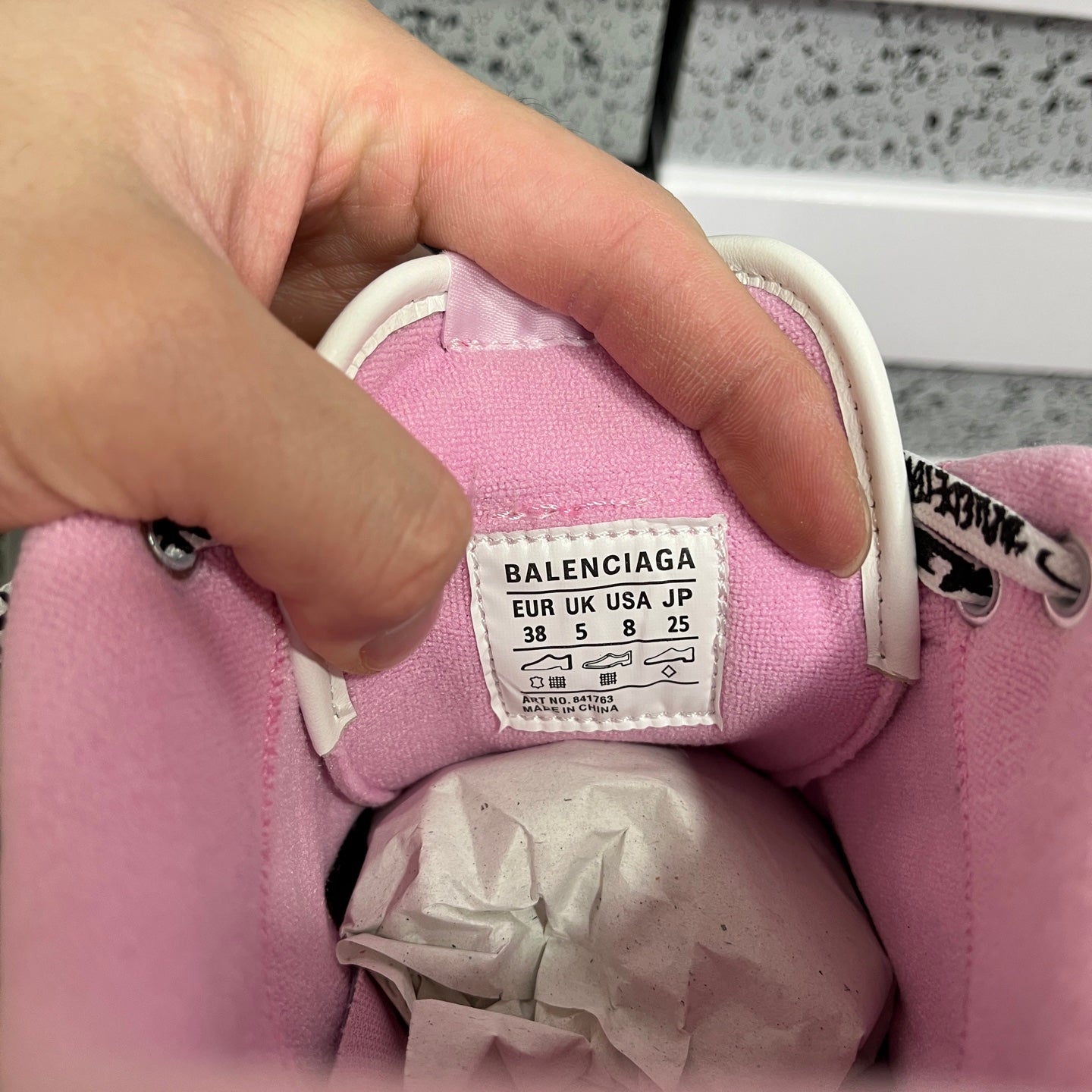 Pink sneaker interior size label: Balenciaga, UK 38 (shown on tag).