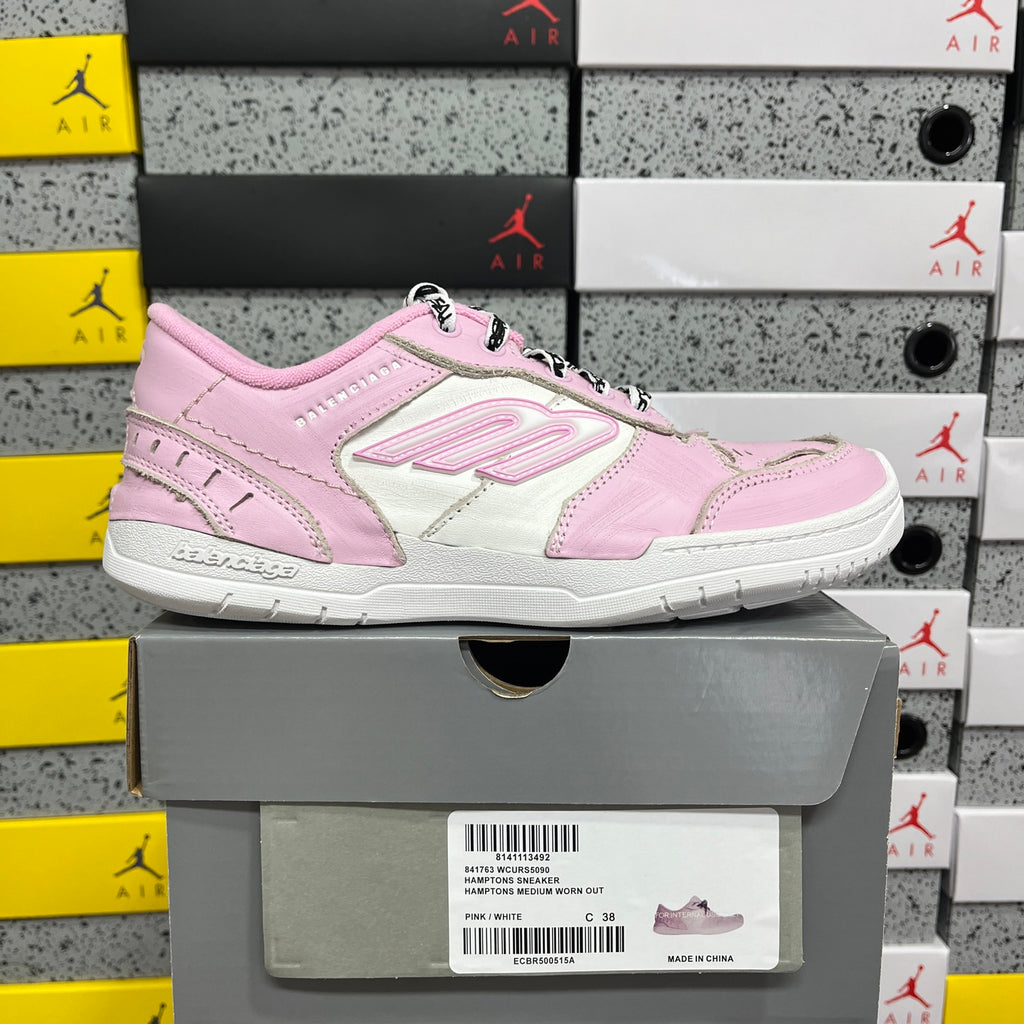 Pink and white low-top Balenciaga unisex sneakers, side view, lace-up.