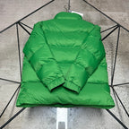 Moncler long puffer jacket, bright green, back view with quilted panels