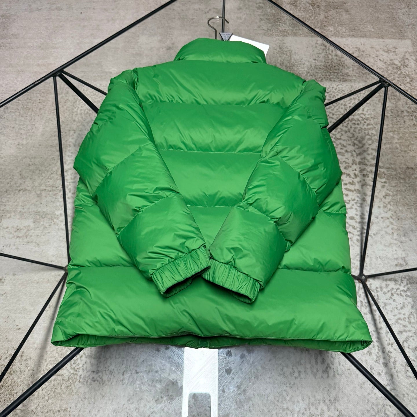 Moncler long puffer jacket, bright green, back view with quilted panels