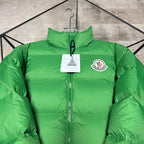 Moncler long puffer jacket, bright green, chest logo patch and full front zip