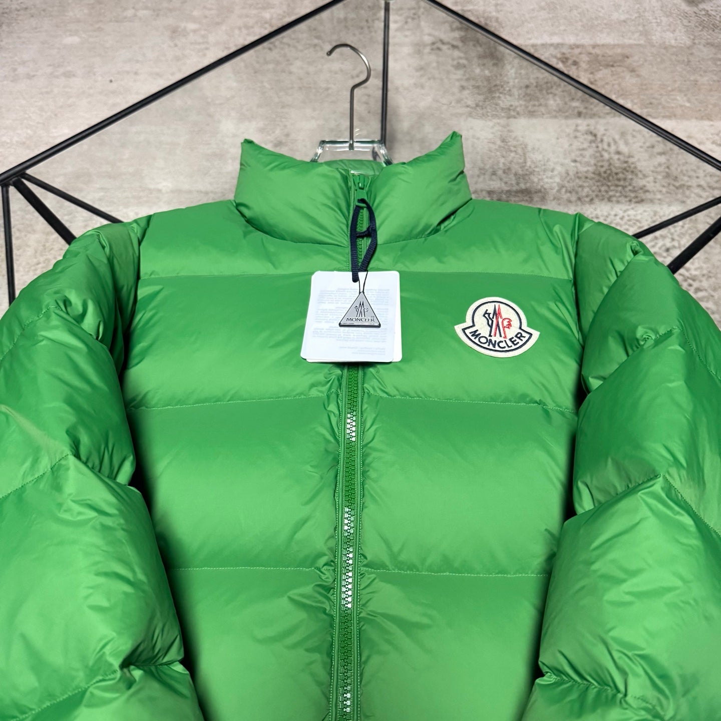 Moncler long puffer jacket, bright green, chest logo patch and full front zip