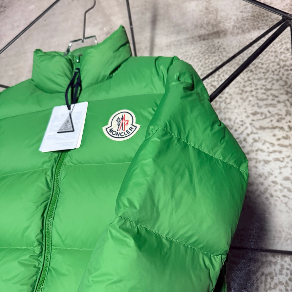 Moncler long puffer jacket, bright green, left chest logo patch and zip