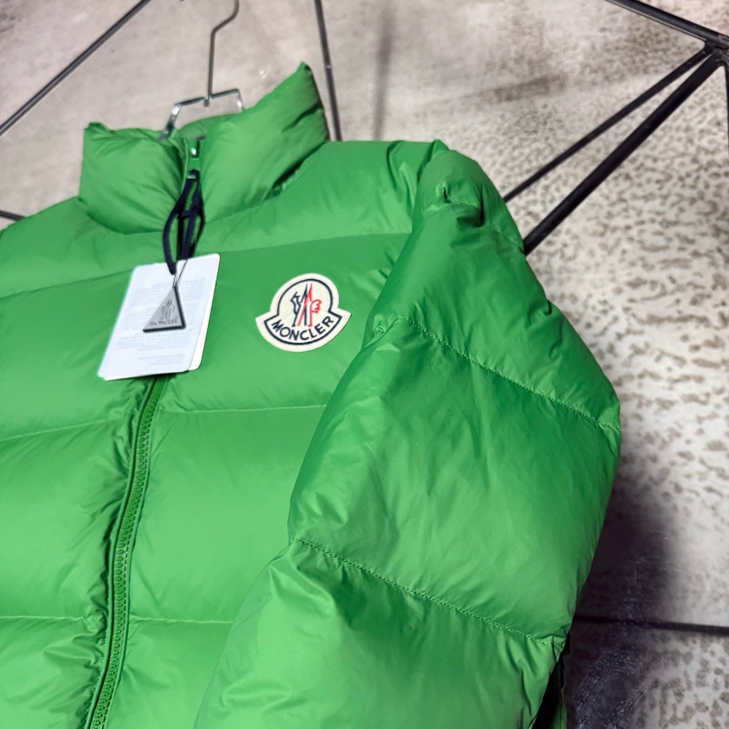 Moncler long puffer jacket, bright green, left chest logo patch and zip