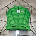 Moncler long puffer jacket, bright green, front zipper and high stand collar