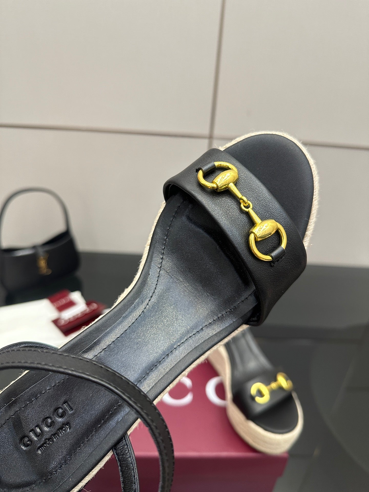 Gucci ladies black slide wedges with gold horsebit buckle on front strap