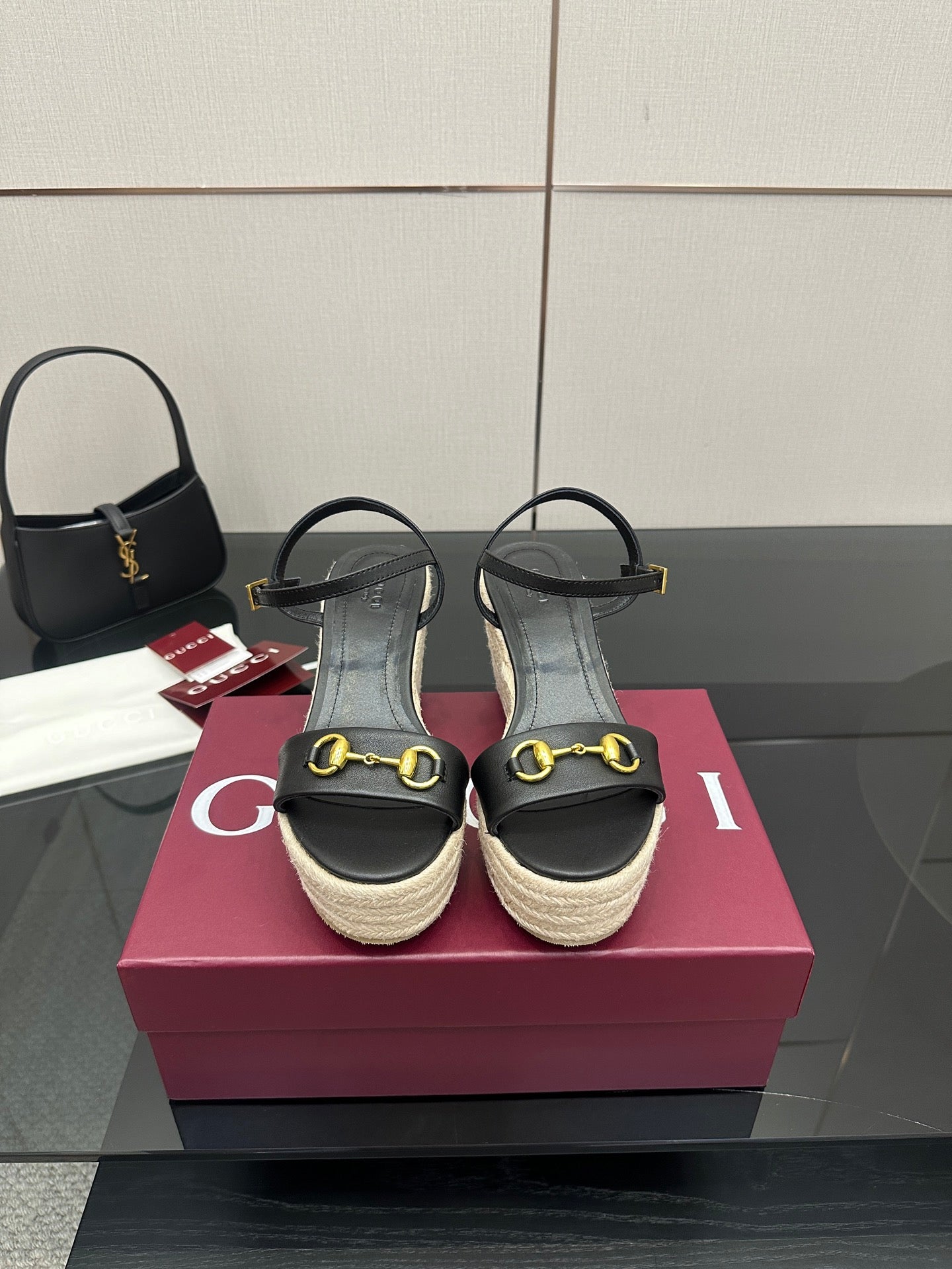 Gucci ladies black platform espadrille wedges with gold horsebit buckle detail