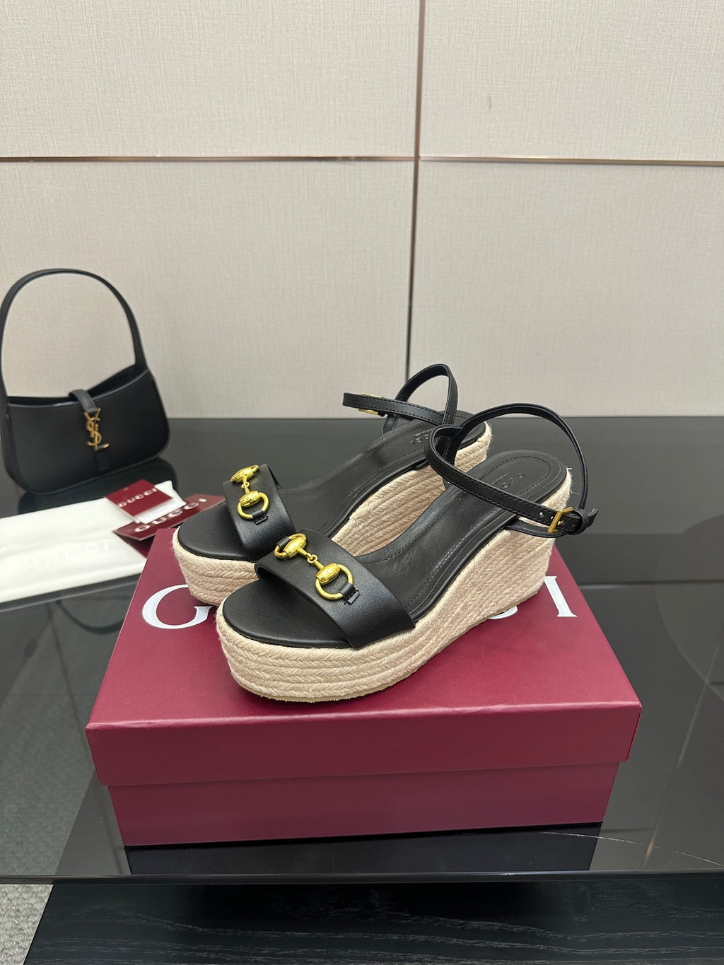 Gucci ladies black espadrille platform wedges with gold horsebit strap detail