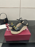 Gucci ladies black espadrille platform wedges with gold horsebit strap detail