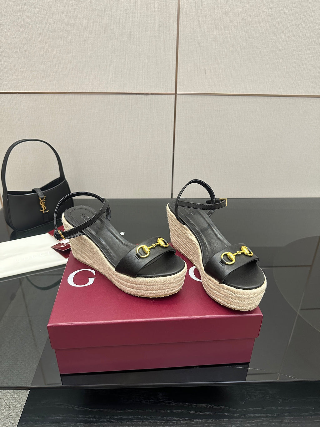 Gucci ladies black slip-on espadrille wedges with gold horsebit buckle ornament