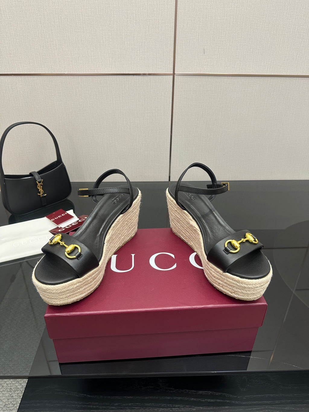 Gucci ladies black espadrille platform wedges with gold horsebit strap hardware