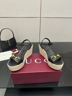 Gucci ladies black espadrille platform wedges with gold horsebit strap hardware