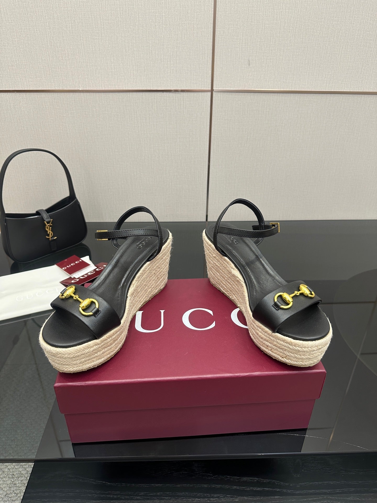 Gucci ladies black espadrille platform wedges with gold horsebit strap hardware
