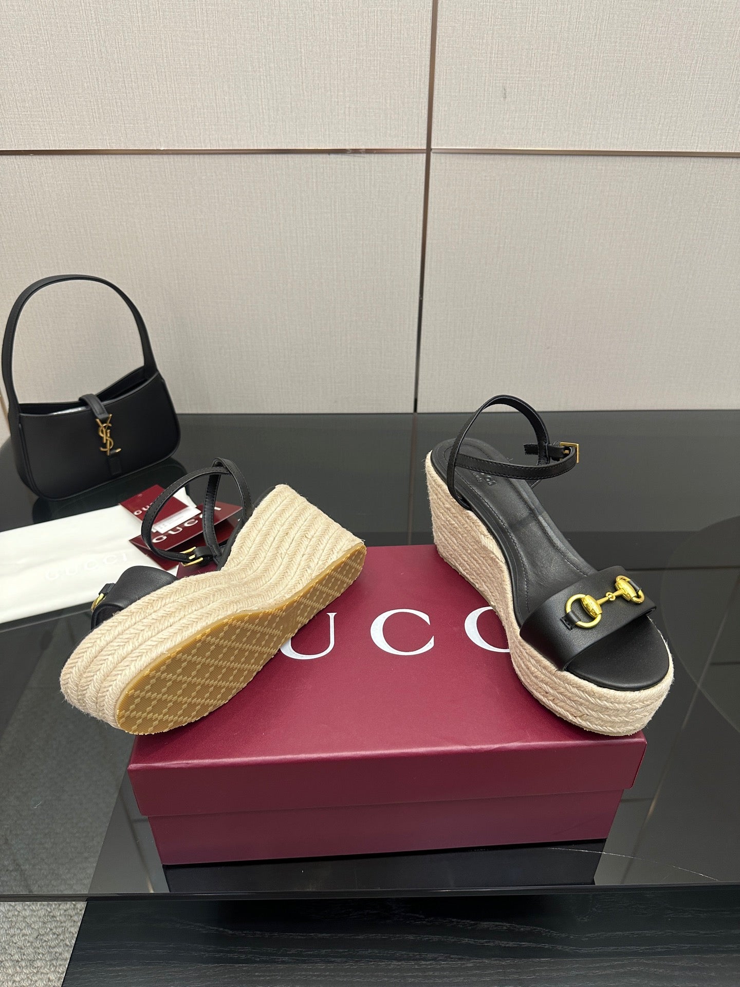 Gucci ladies black espadrille wedges with gold horsebit buckle and platform sole
