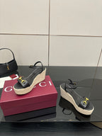 Gucci ladies black espadrille platform wedges with gold horsebit strap detail