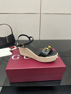 Gucci ladies black platform espadrille wedges with gold horsebit buckle and ankle strap