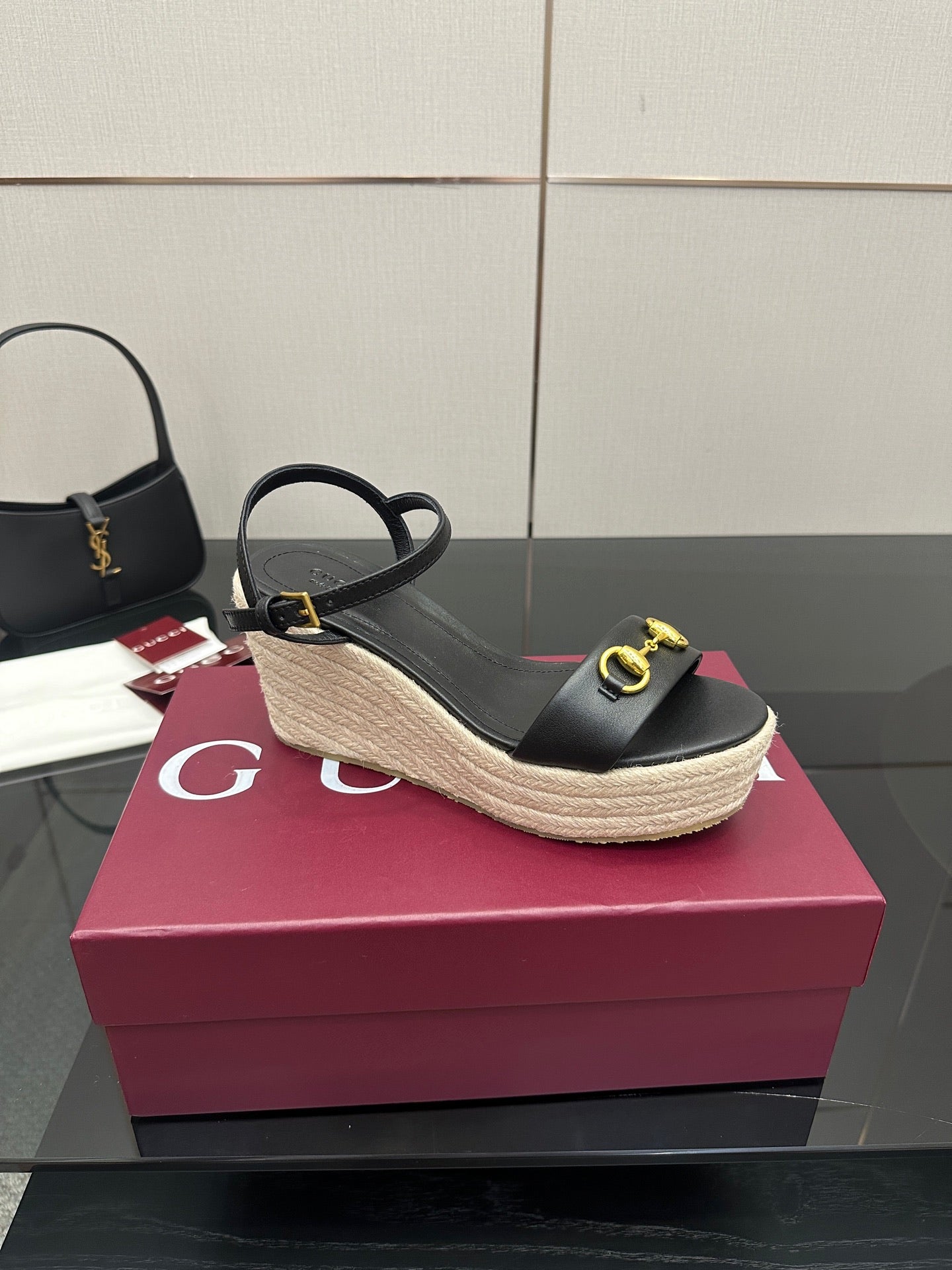 Gucci ladies black platform espadrille wedges with gold horsebit buckle and ankle strap