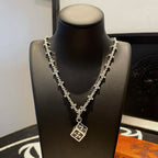 Silver-tone double-row cross-link chain necklace with square pendant charm
