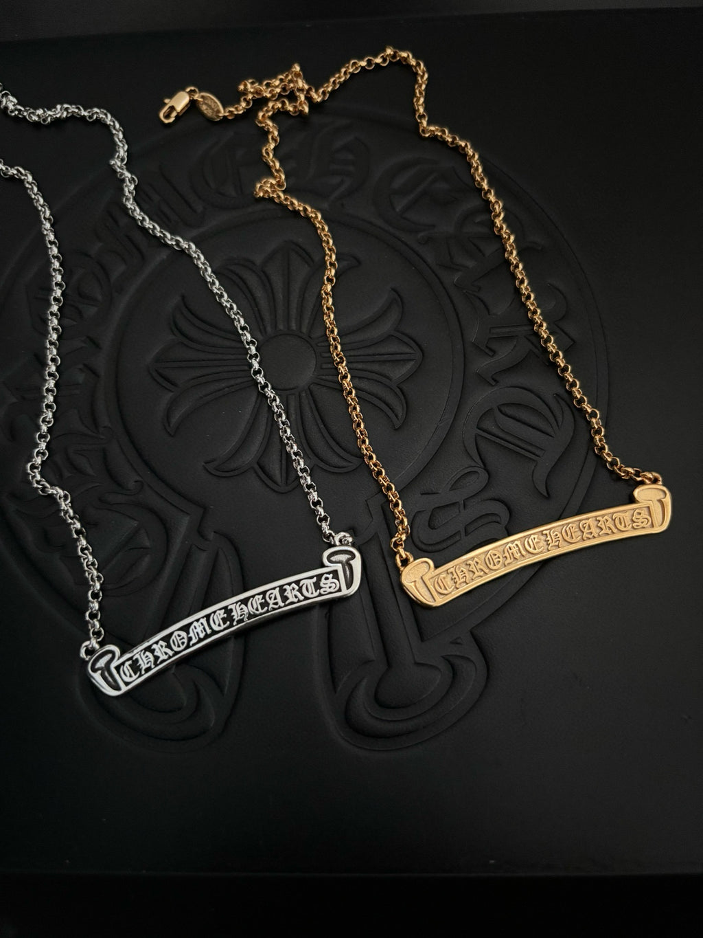 Bar pendant necklaces with chains in silver and gold tones