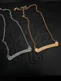Bar pendant necklaces with chains in silver and gold tones