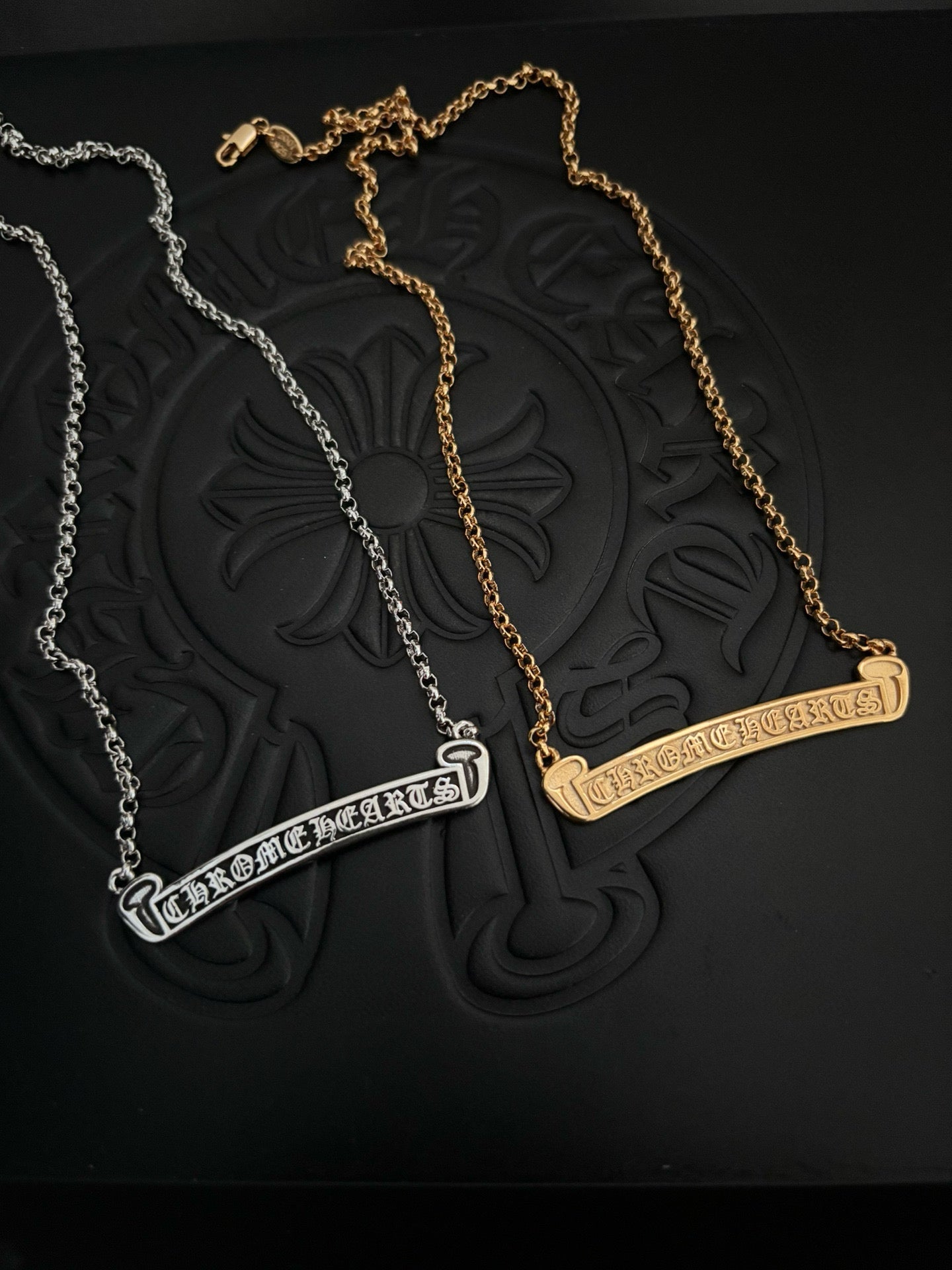 Bar pendant necklaces with chains in silver and gold tones