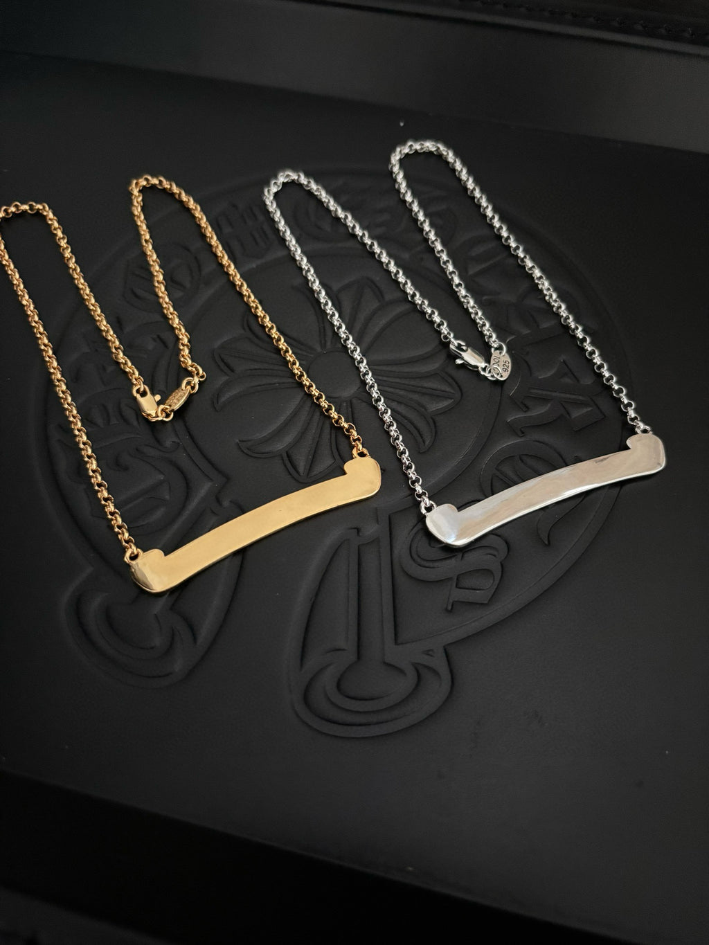 Bar pendant necklace set with gold and silver tone chains and large bar pendants