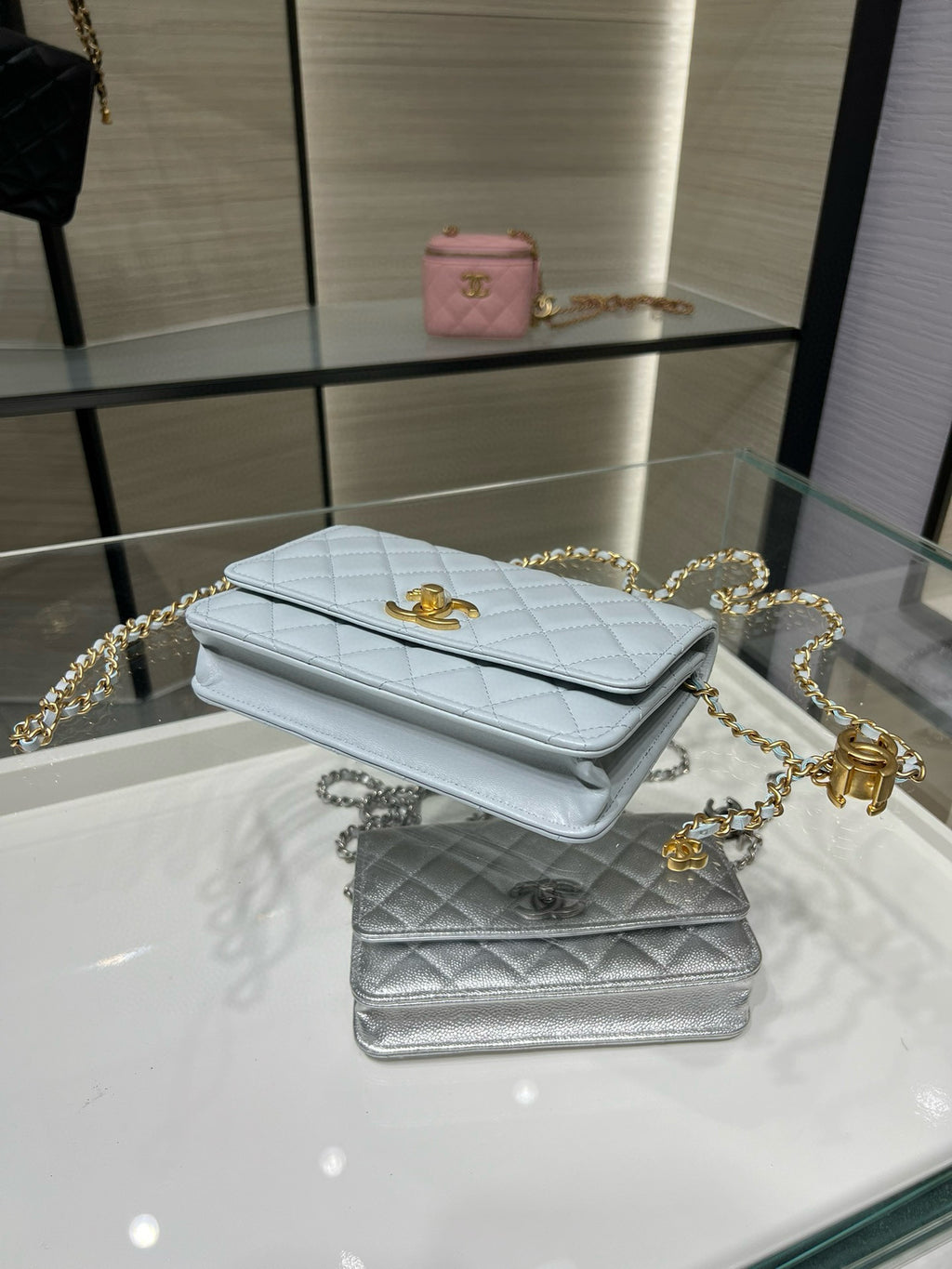 Chanel quilted shoulder bag, light blue, with gold chain strap and flap