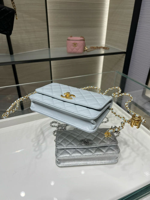 Chanel quilted shoulder bag, light blue, with gold chain strap and flap