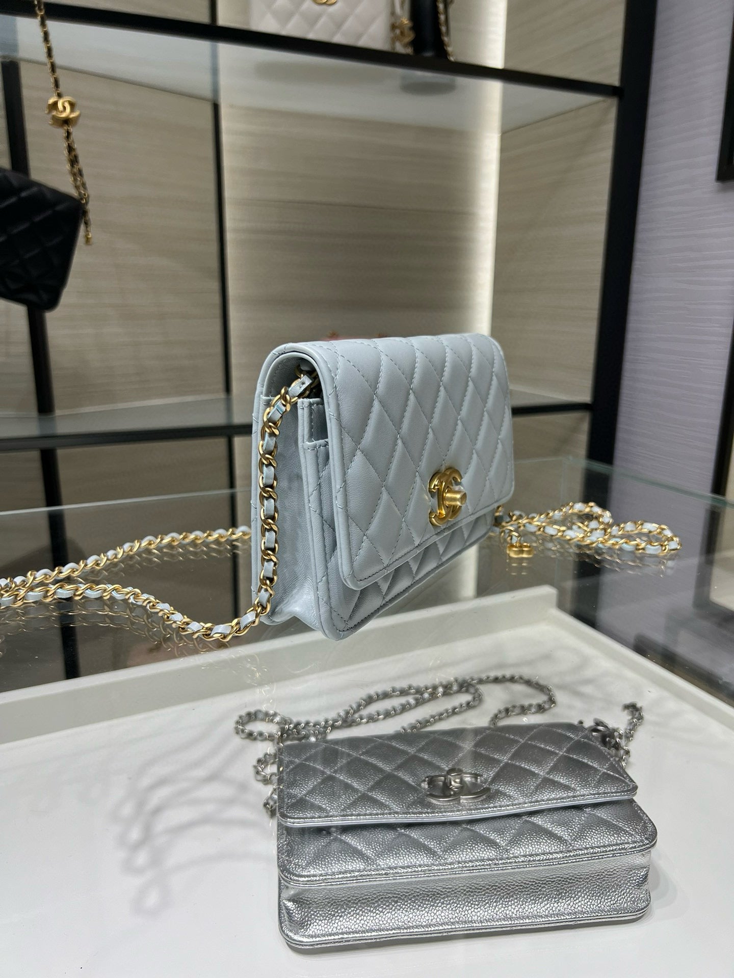 Chanel quilted shoulder bag in light blue with gold chain and flap clasp