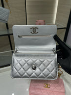 Silver Chanel small flap bag with metal logo and top handle clasp