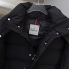 Moncler long puffer jacket lining view with hood and MONCLER patch