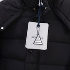 Moncler long puffer jacket with hanging size tag on front snap panel