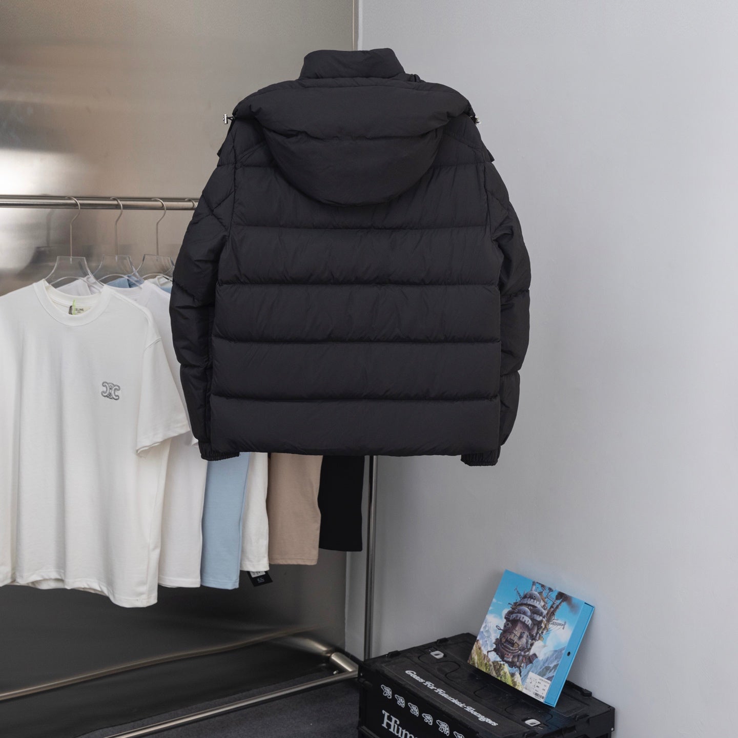 Moncler long puffer jacket, black, hooded back with quilted panels