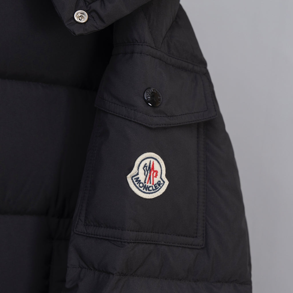 Moncler long puffer jacket sleeve patch logo with snap cuff
