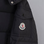 Moncler long puffer jacket sleeve patch logo with snap cuff