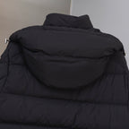 Moncler long puffer jacket with hood, dark shell and quilted padding