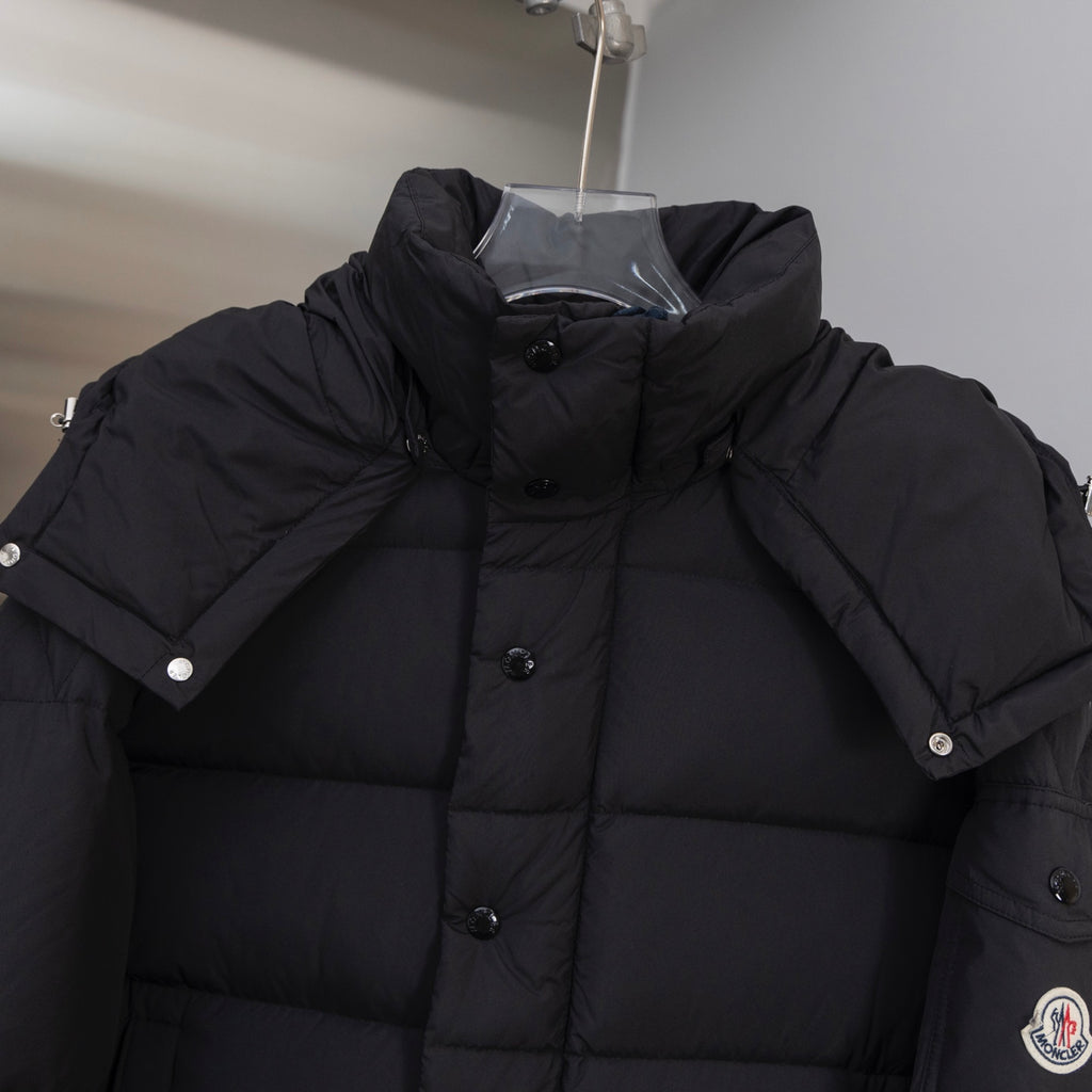 Moncler long puffer jacket collar and button placket, dark quilted fabric