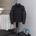 Moncler long puffer jacket, black, full front button closure and hood
