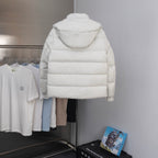 White hooded puffer jacket with quilted back and covered zipper front