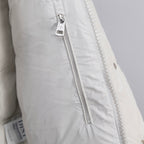 Moncler long white puffer coat front zipper and pull tab