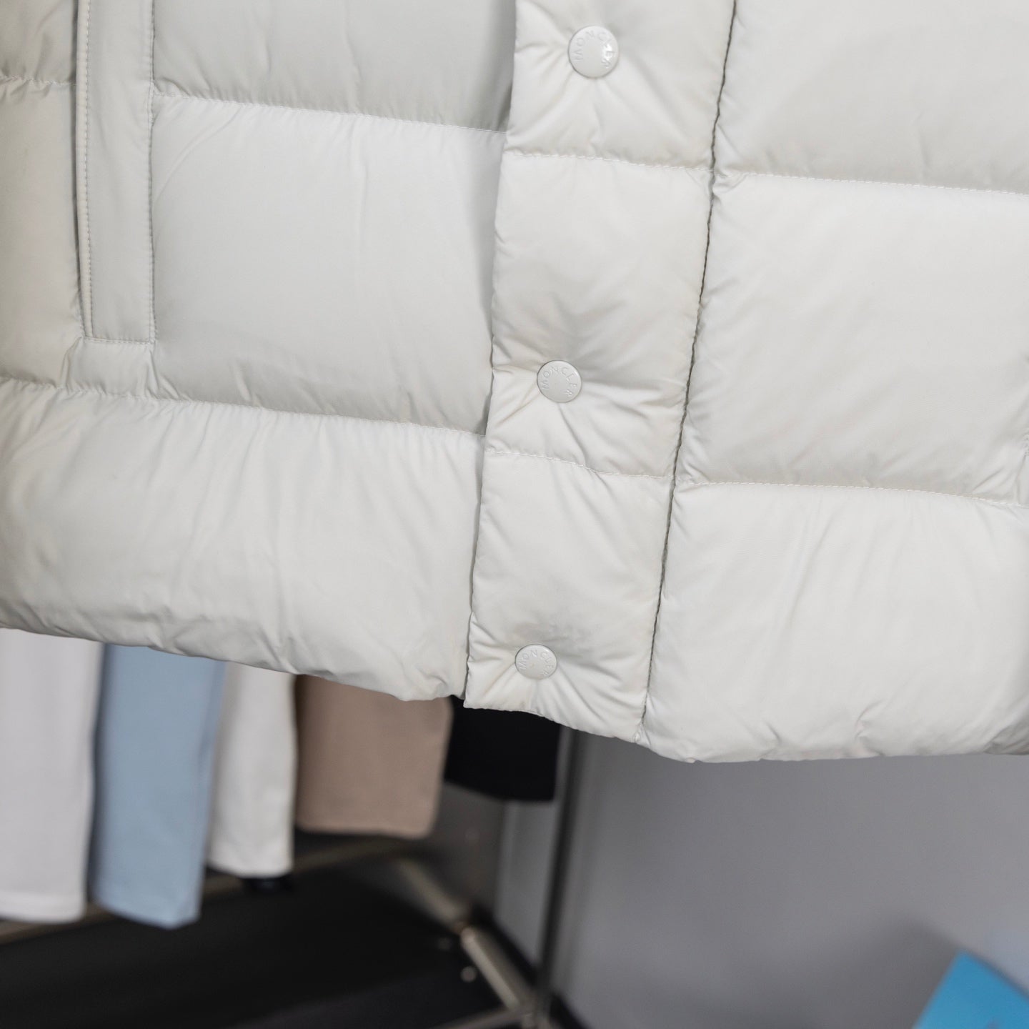 Moncler long white puffer coat quilted panels with snap buttons