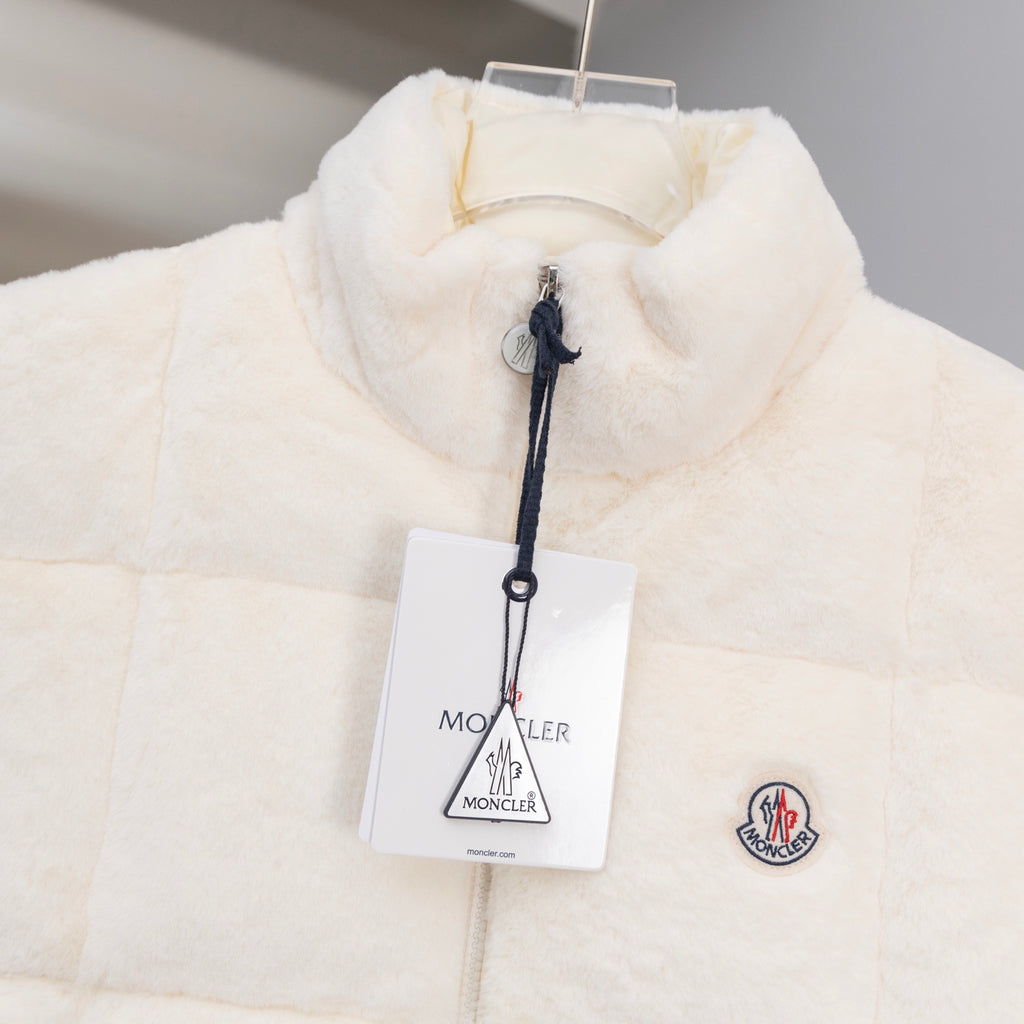 Moncler cream padded vest with stand collar and round logo patch