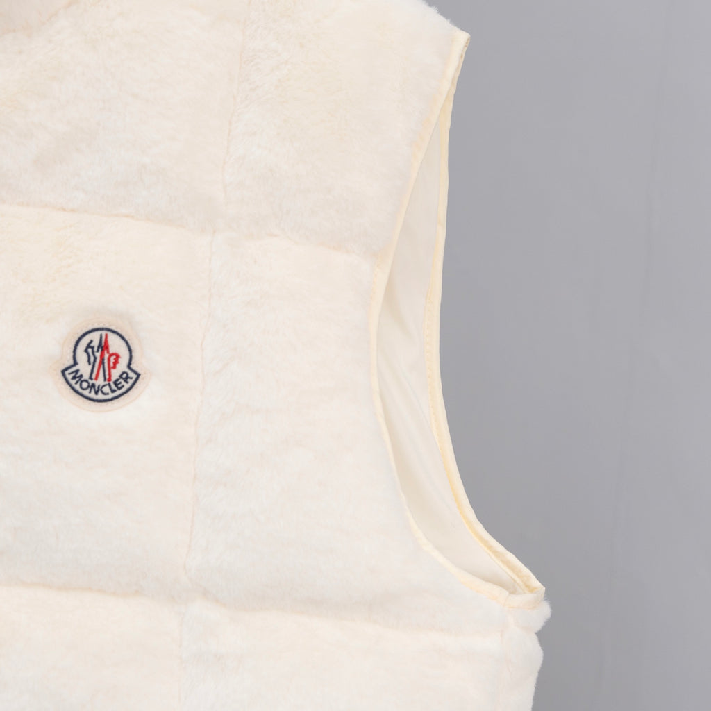 Moncler cream padded sleeveless vest side with round logo patch