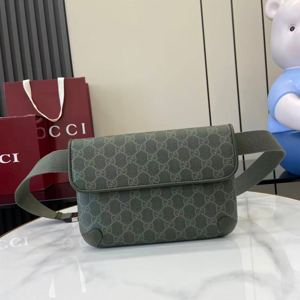 Gucci bag with flap and GG monogram canvas, green crossbody shoulder strap.
