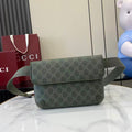 Gucci bag with flap and GG monogram canvas, green crossbody shoulder strap.